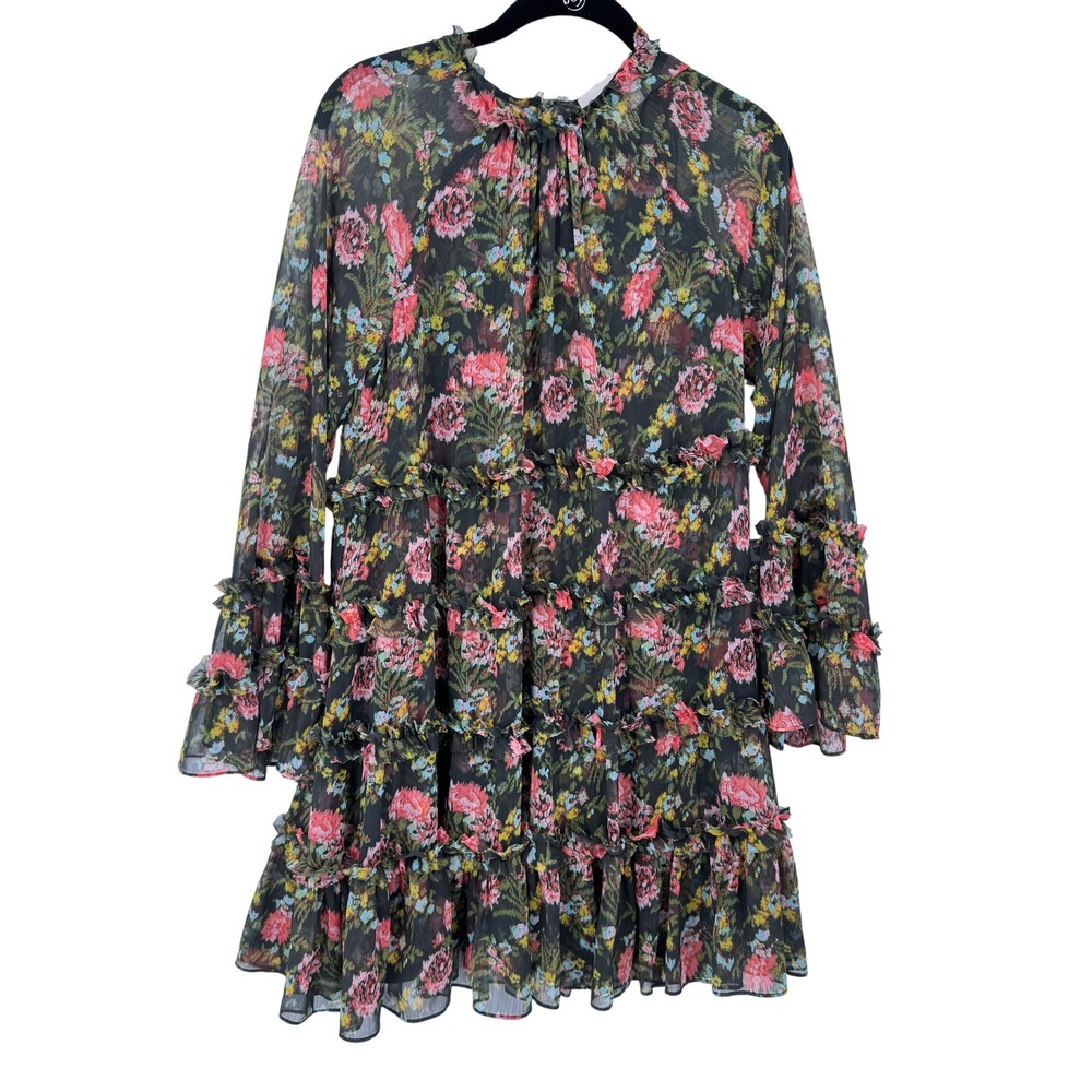 Cinq a Sept Sunniva Fairy Chiffon Floral‎ Ruffle Tiered Mini Dress Size 2 Sheer